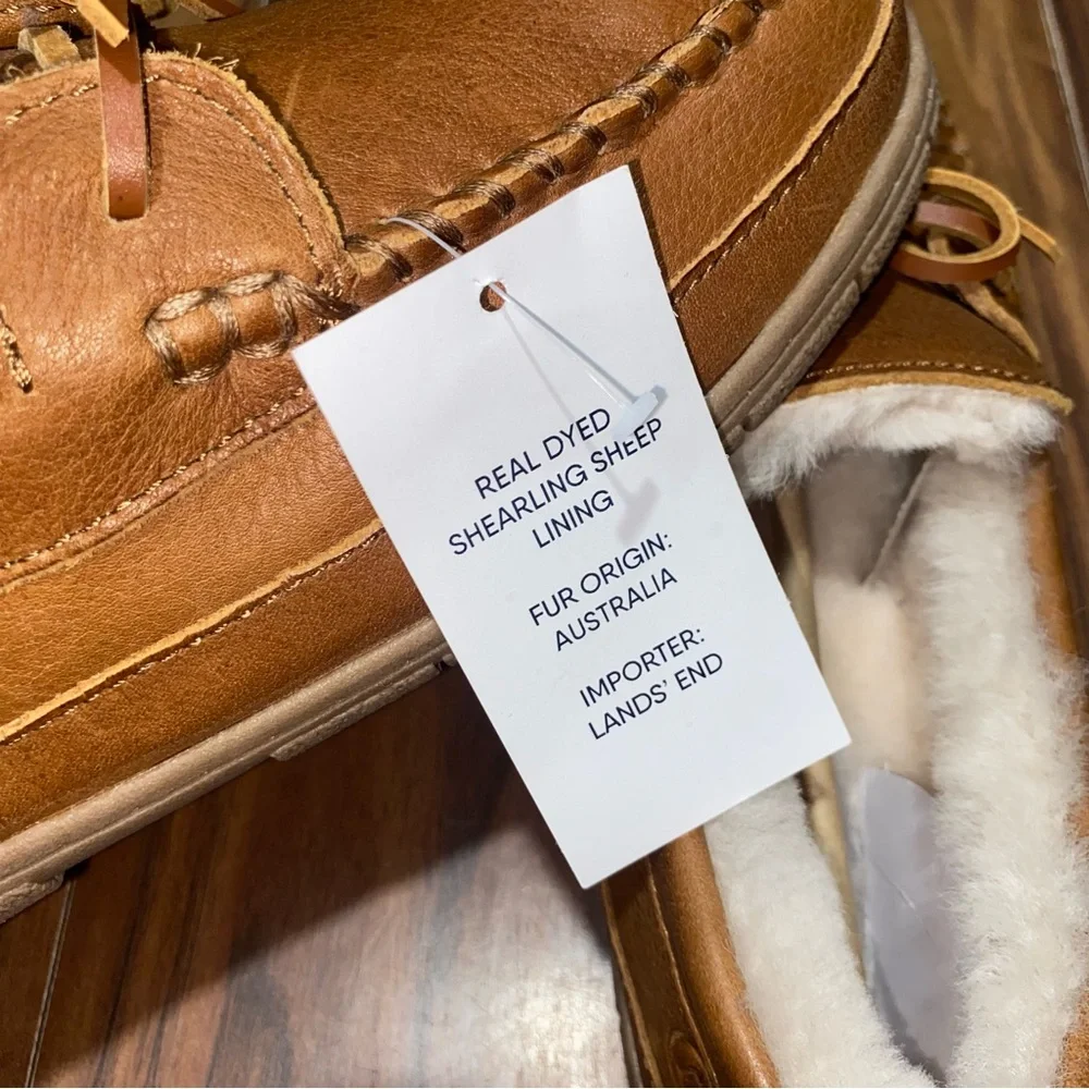 New Lands End Men's Brown Leather Moccasin Slippers - Picture 8 of 8